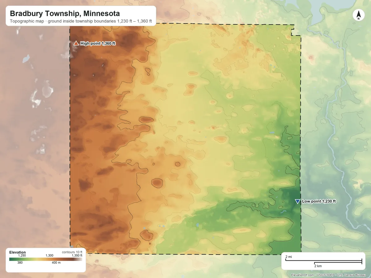 Topographic elevation map of Bradbury Township, Minnesota, shaded from 1,230 ft on the southeast side to 1,360 ft on the northwest side