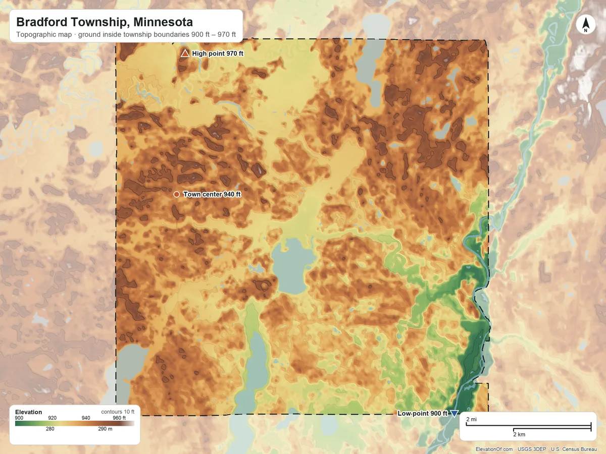 Topographic elevation map of Bradford Township, Minnesota, shaded from 900 ft on the southeast side to 970 ft on the north side