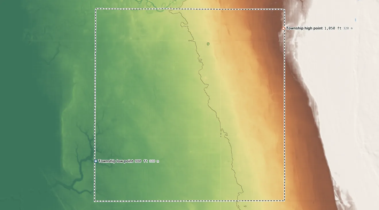 Topographic elevation map of Bradford Township, Wilkin County, Minnesota, shaded from 980 ft on the southwest side to 1,050 ft on the northeast side
