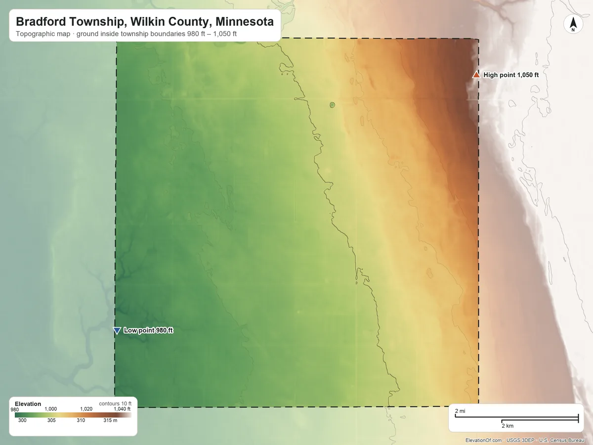 Topographic elevation map of Bradford Township, Wilkin County, Minnesota, shaded from 980 ft on the southwest side to 1,050 ft on the northeast side