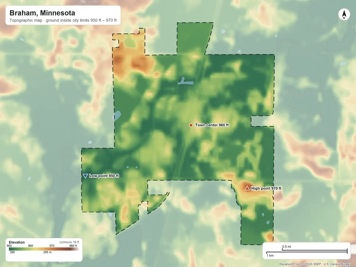 Topographic elevation map of Braham, Minnesota, shaded from 950 ft on the southwest side to 970 ft on the southeast side