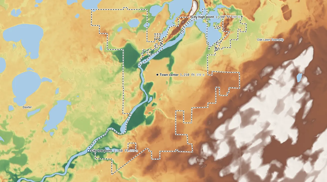 Topographic elevation map of Brainerd, Minnesota, shaded from 1,160 ft on the southwest side to 1,280 ft on the northeast side