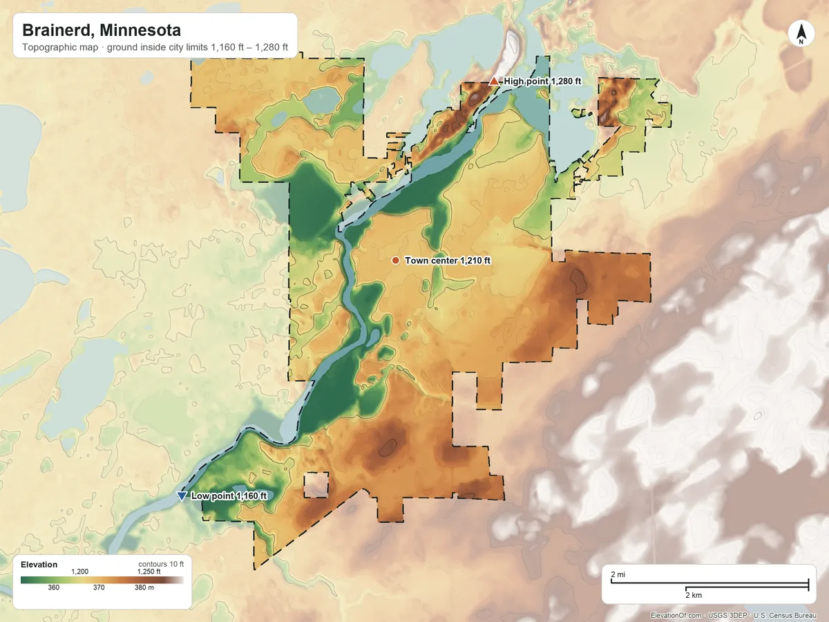 Topographic elevation map of Brainerd, Minnesota, shaded from 1,160 ft on the southwest side to 1,280 ft on the northeast side