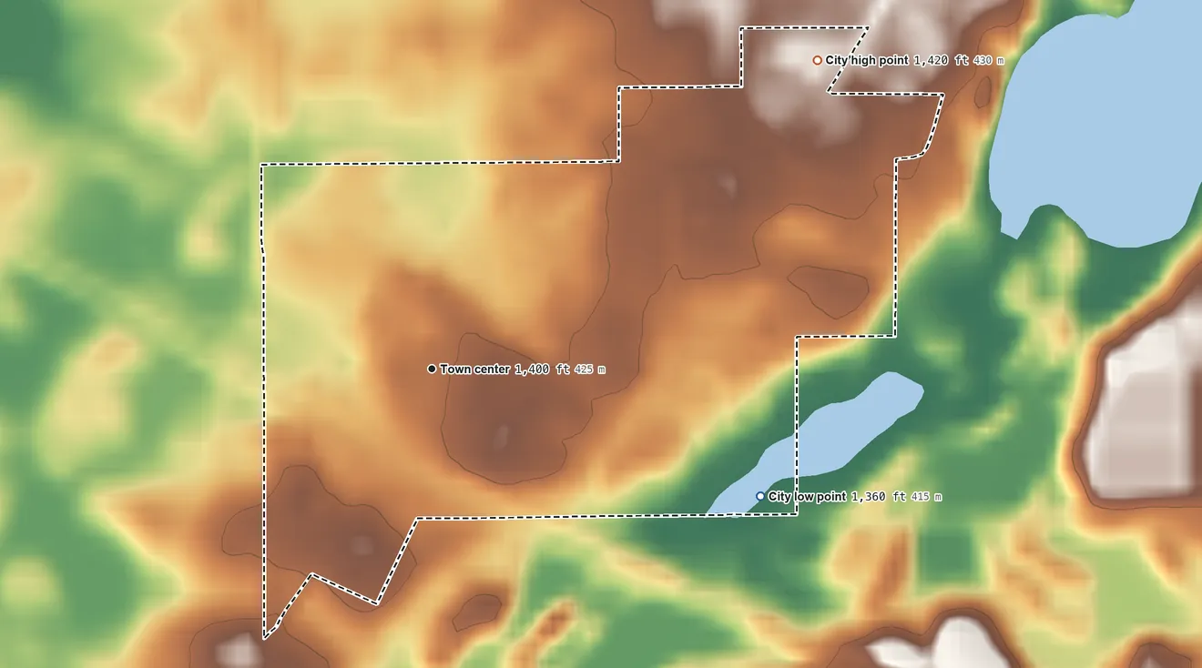 Topographic elevation map of Brandon, Minnesota, shaded from 1,360 ft on the east side to 1,420 ft on the northeast side