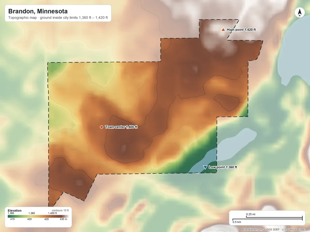 Topographic elevation map of Brandon, Minnesota, shaded from 1,360 ft on the east side to 1,420 ft on the northeast side