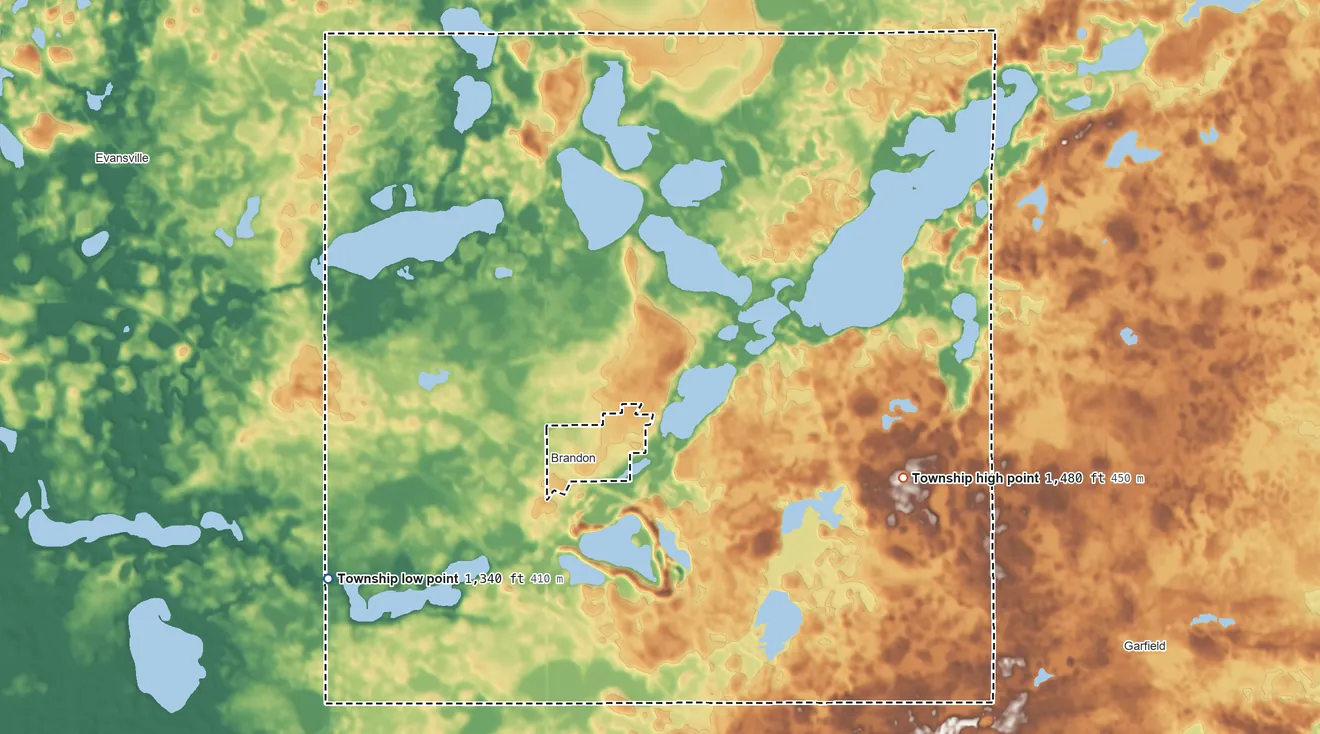 Topographic elevation map of Brandon Township, Minnesota, shaded from 1,340 ft on the southwest side to 1,480 ft on the southeast side