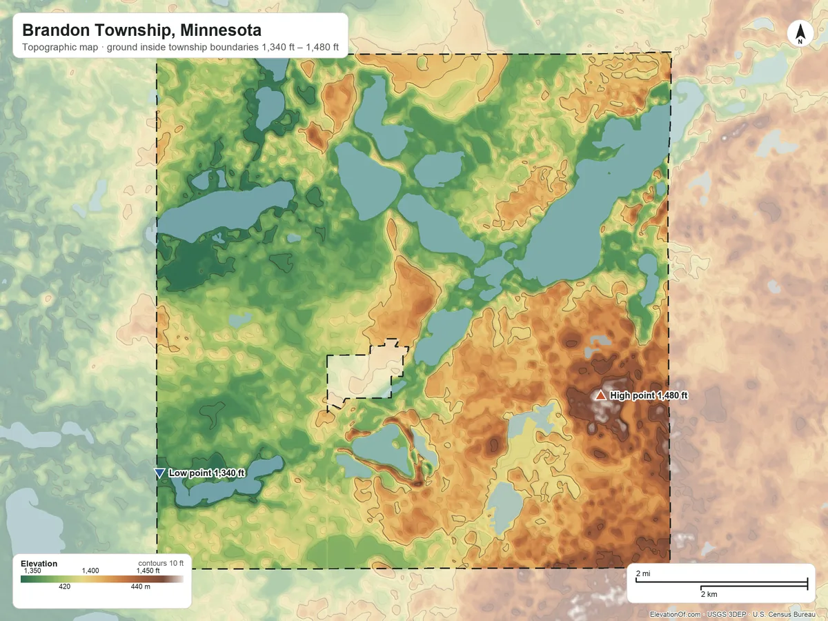 Topographic elevation map of Brandon Township, Minnesota, shaded from 1,340 ft on the southwest side to 1,480 ft on the southeast side
