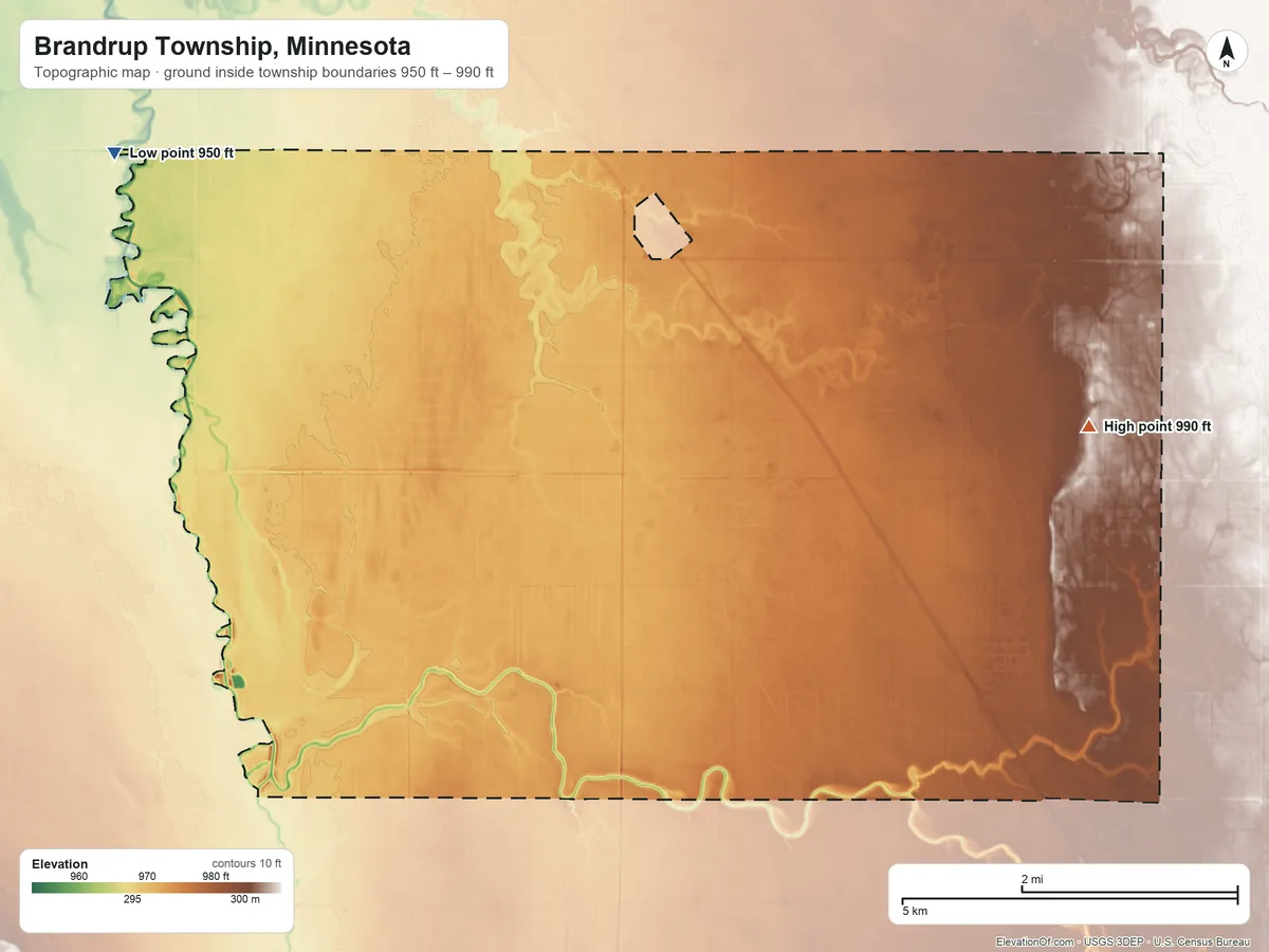 Topographic elevation map of Brandrup Township, Minnesota, shaded from 950 ft on the northwest side to 990 ft on the east side