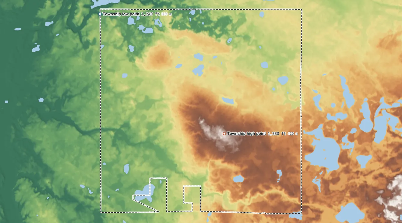 Topographic elevation map of Brandsvold Township, Minnesota, shaded from 1,240 ft on the northwest side to 1,380 ft near the middle