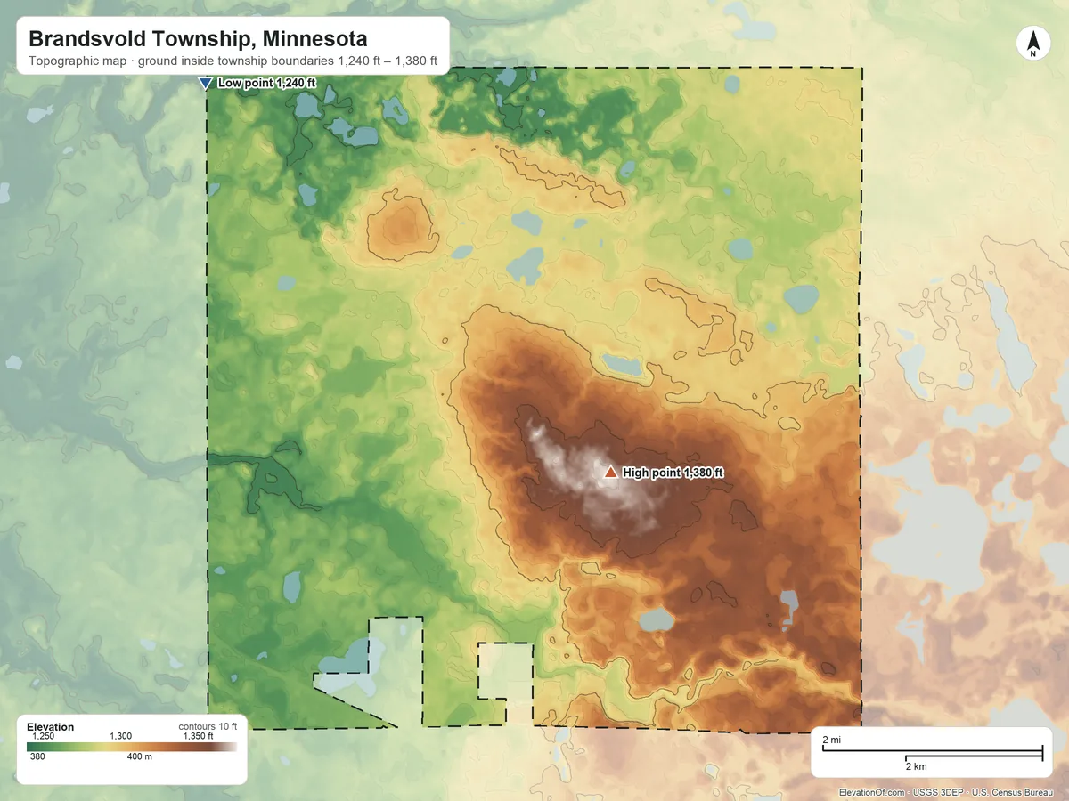 Topographic elevation map of Brandsvold Township, Minnesota, shaded from 1,240 ft on the northwest side to 1,380 ft near the middle