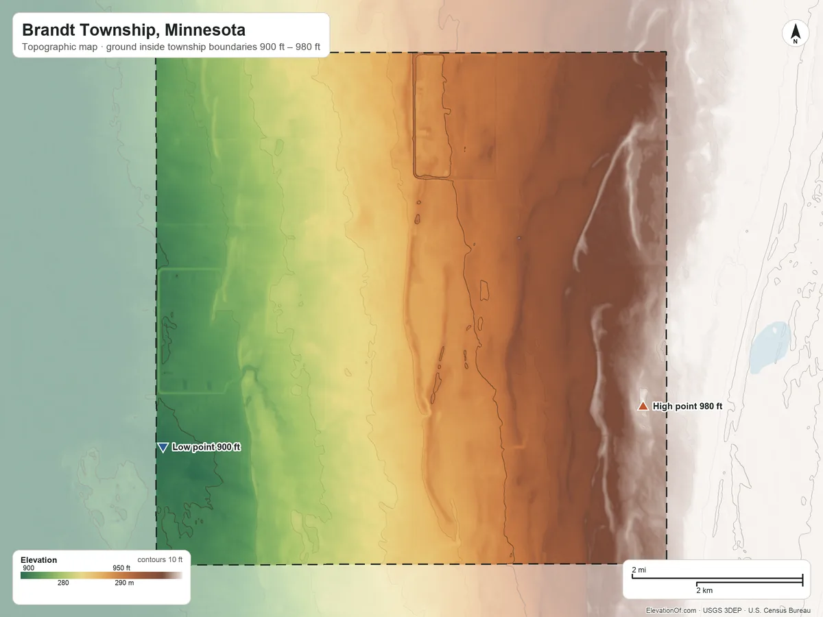Topographic elevation map of Brandt Township, Minnesota, shaded from 900 ft on the southwest side to 980 ft on the east side