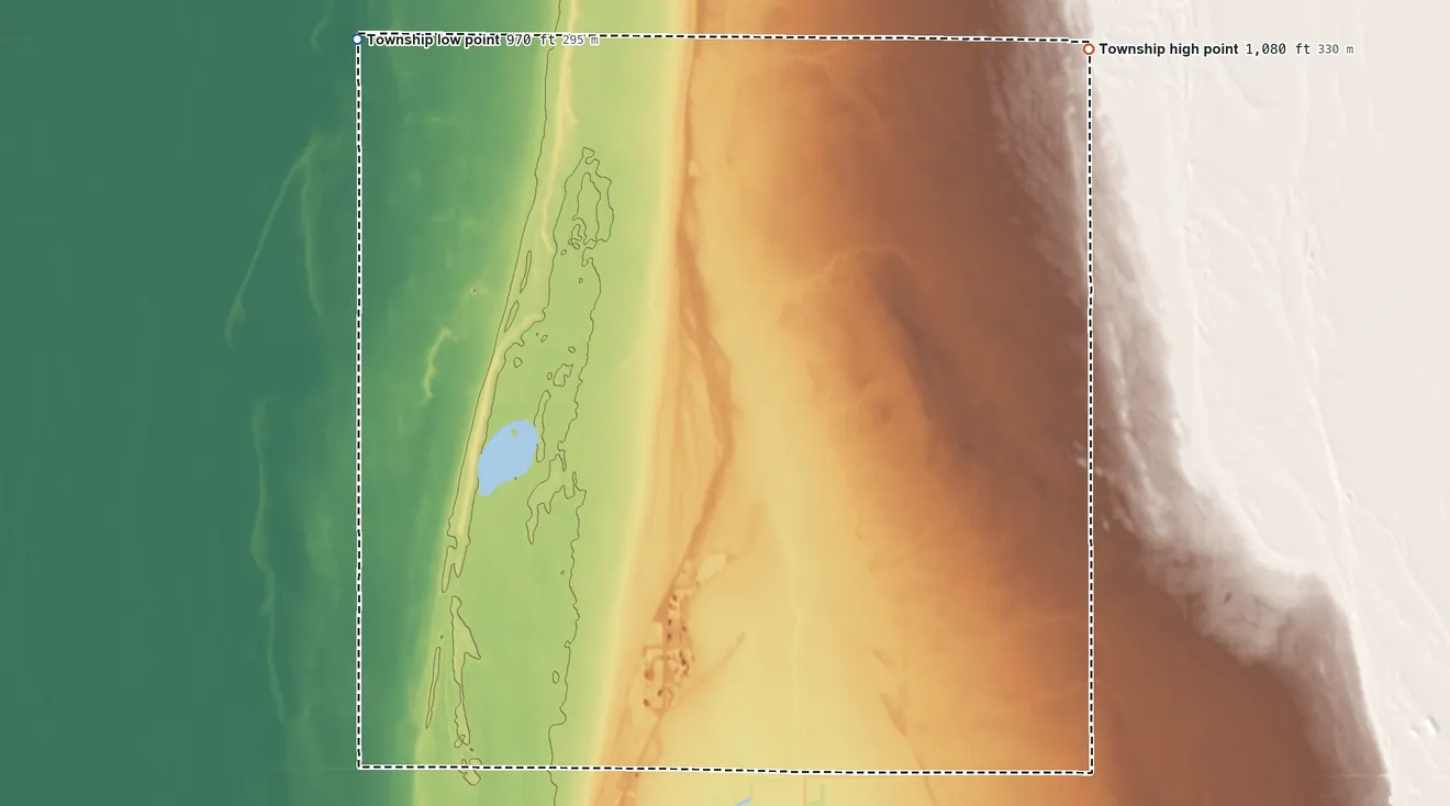 Topographic elevation map of Bray Township, Minnesota, shaded from 970 ft on the northwest side to 1,080 ft on the northeast side