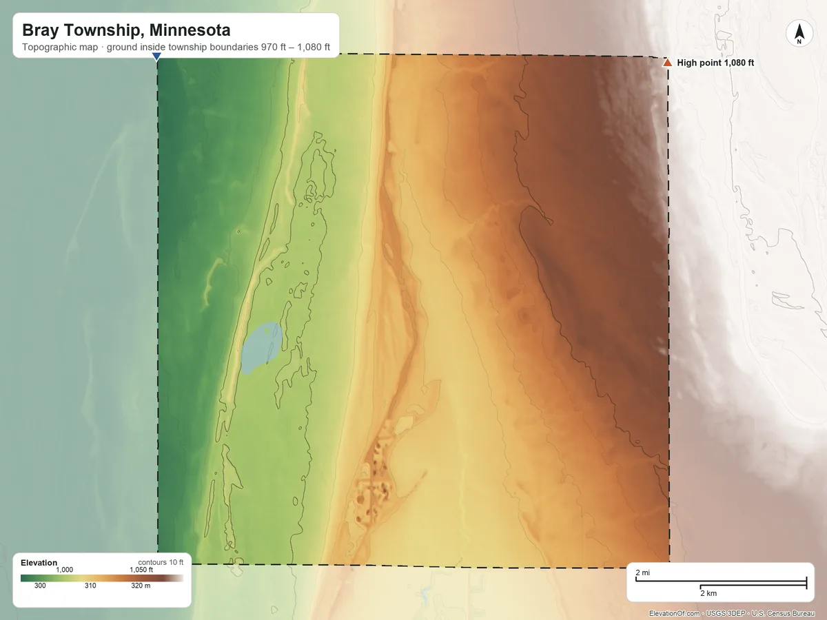 Topographic elevation map of Bray Township, Minnesota, shaded from 970 ft on the northwest side to 1,080 ft on the northeast side
