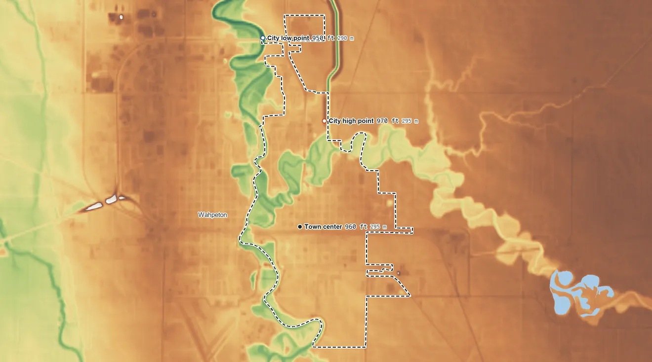 Topographic elevation map of Breckenridge, Minnesota, shaded from 950 ft on the north side to 970 ft on the north side