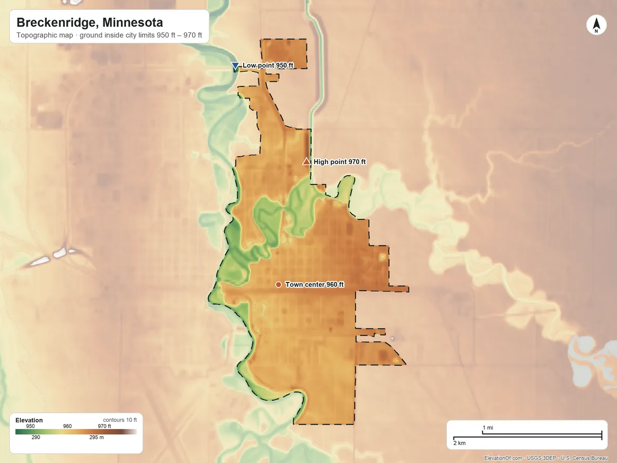 Topographic elevation map of Breckenridge, Minnesota, shaded from 950 ft on the north side to 970 ft on the north side