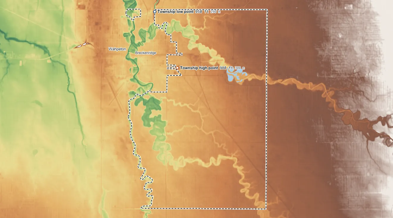 Topographic elevation map of Breckenridge Township, Minnesota, shaded from 950 ft on the northwest side to 980 ft on the northwest side