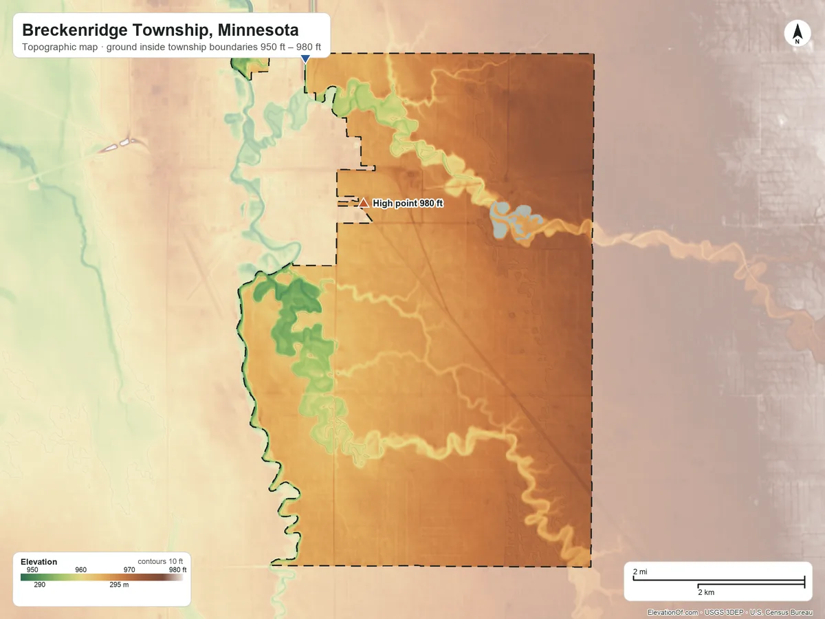 Topographic elevation map of Breckenridge Township, Minnesota, shaded from 950 ft on the northwest side to 980 ft on the northwest side