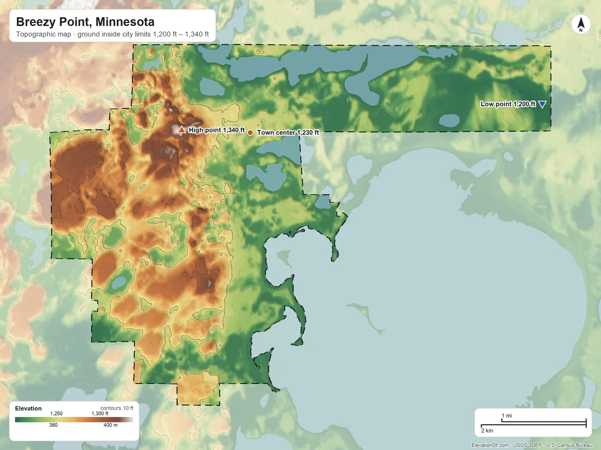 Topographic elevation map of Breezy Point, Minnesota, shaded from 1,200 ft on the east side to 1,340 ft on the west side