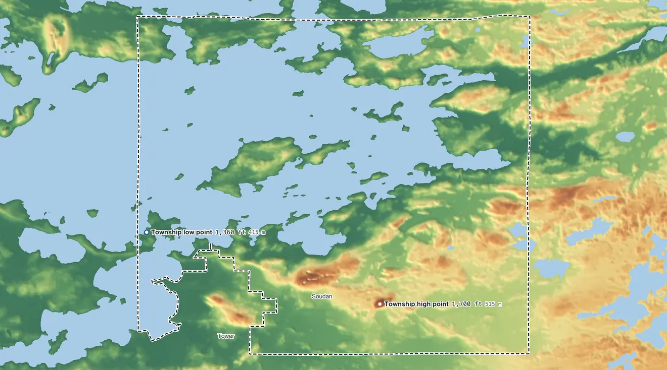 Topographic elevation map of Breitung Township, Minnesota, shaded from 1,360 ft on the west side to 1,700 ft on Jasper Peak