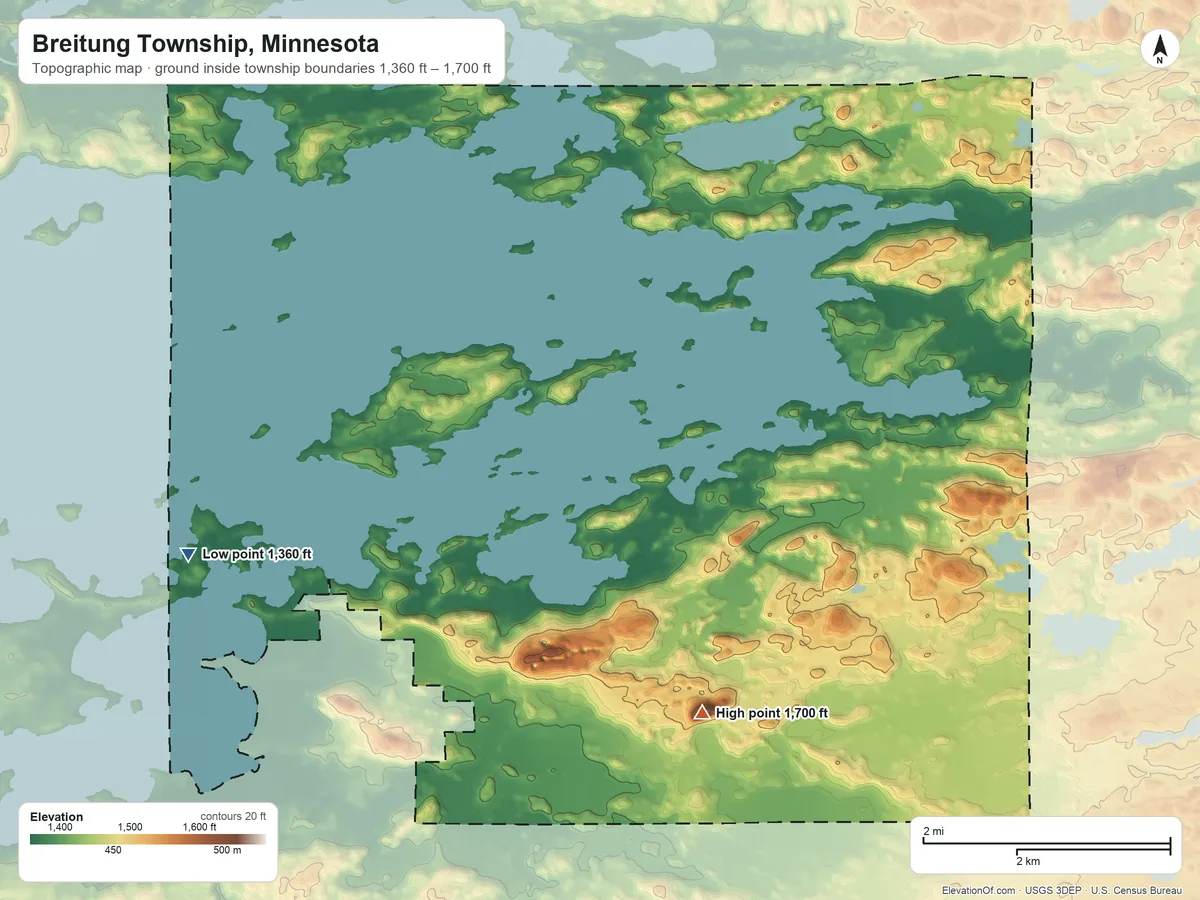 Topographic elevation map of Breitung Township, Minnesota, shaded from 1,360 ft on the west side to 1,700 ft on Jasper Peak