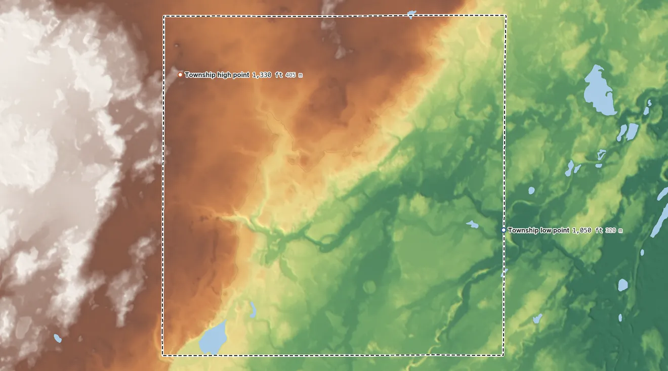 Topographic elevation map of Bremen Township, Minnesota, shaded from 1,050 ft on the east side to 1,330 ft on the northwest side