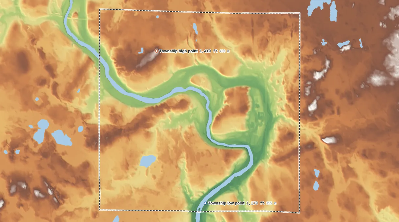 Topographic elevation map of Brevator Township, Minnesota, shaded from 1,170 ft on the southwest side to 1,410 ft on the northwest side