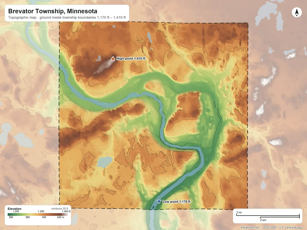 Topographic elevation map of Brevator Township, Minnesota, shaded from 1,170 ft on the southwest side to 1,410 ft on the northwest side