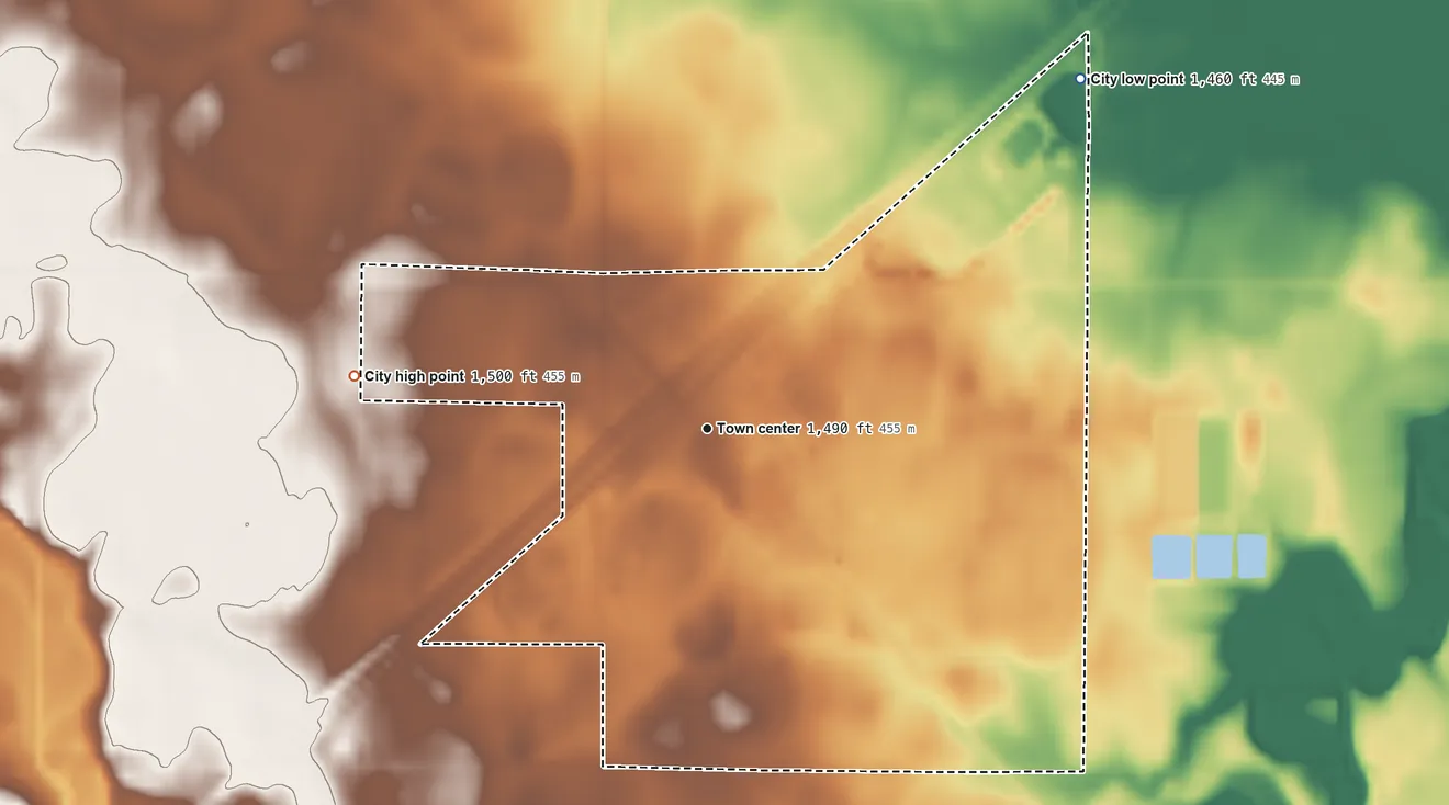Topographic elevation map of Brewster, Minnesota, shaded from 1,460 ft on the northeast side to 1,500 ft on the west side