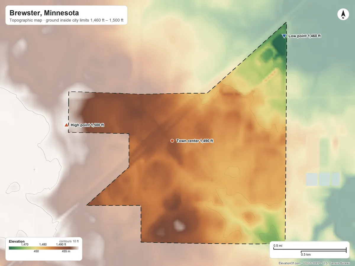 Topographic elevation map of Brewster, Minnesota, shaded from 1,460 ft on the northeast side to 1,500 ft on the west side
