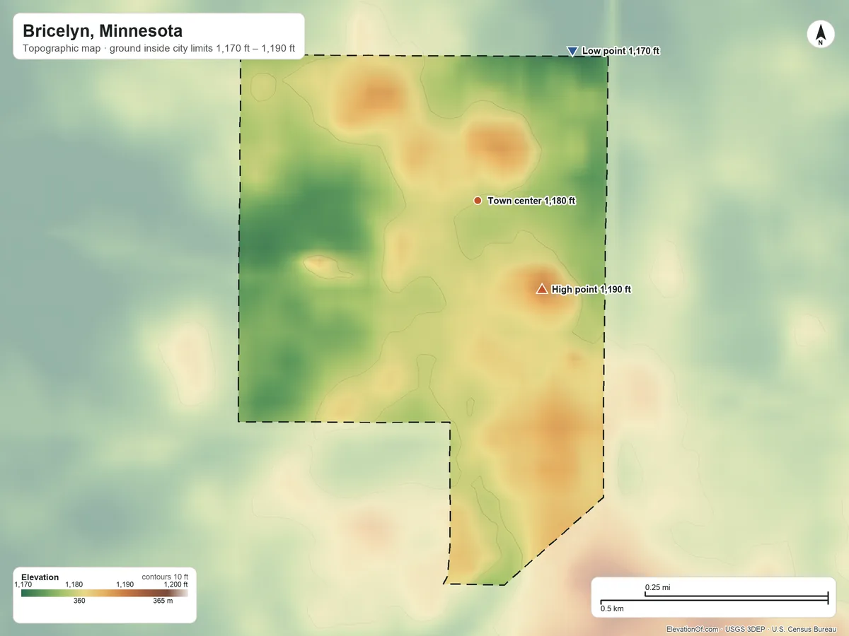 Topographic elevation map of Bricelyn, Minnesota, shaded from 1,170 ft on the northeast side to 1,190 ft on the southeast side