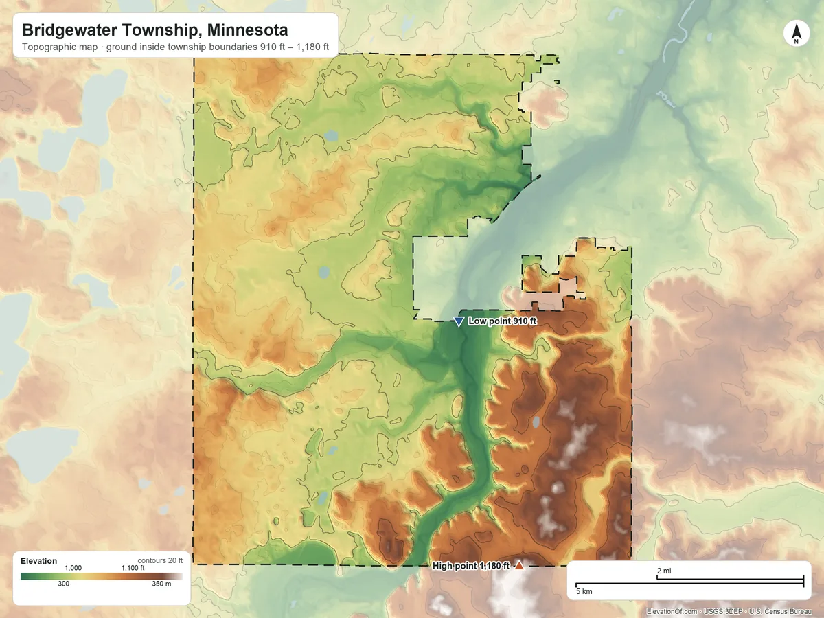 Topographic elevation map of Bridgewater Township, Minnesota, shaded from 910 ft on the southwest side to 1,180 ft on the south side