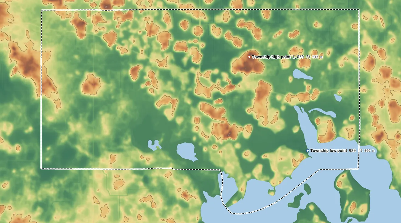 Topographic elevation map of Brighton Township, Minnesota, shaded from 980 ft on the southeast side to 1,030 ft on the east side