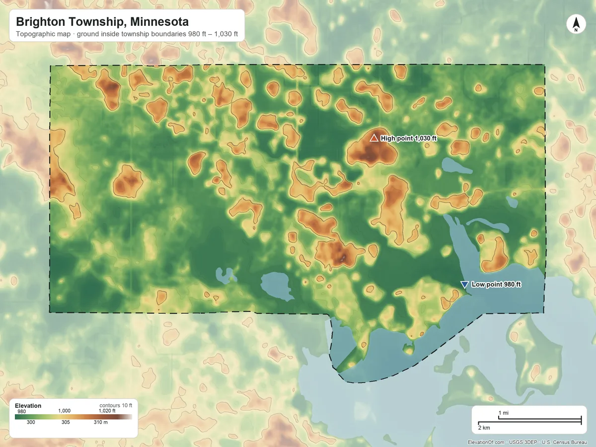 Topographic elevation map of Brighton Township, Minnesota, shaded from 980 ft on the southeast side to 1,030 ft on the east side