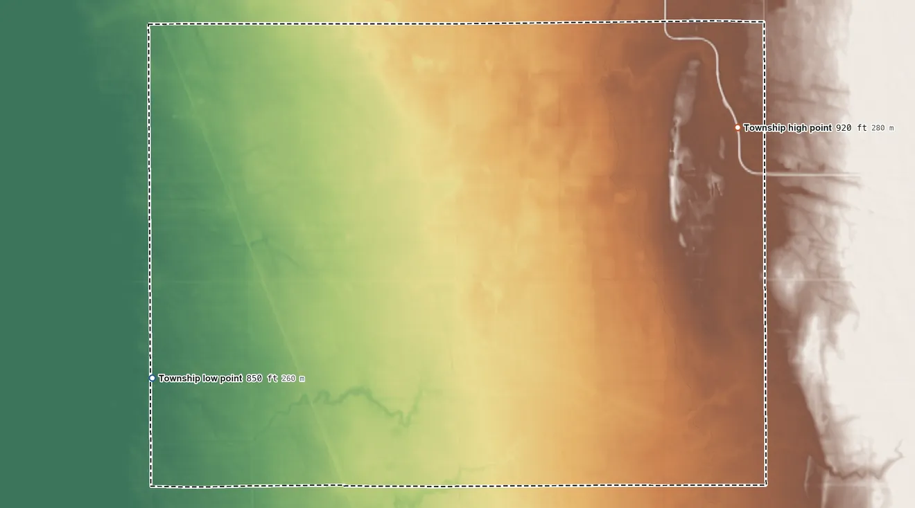 Topographic elevation map of Brislet Township, Minnesota, shaded from 850 ft on the west side to 920 ft on the northeast side