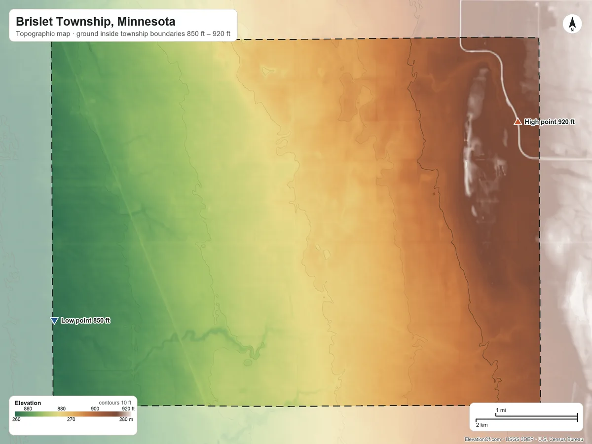 Topographic elevation map of Brislet Township, Minnesota, shaded from 850 ft on the west side to 920 ft on the northeast side