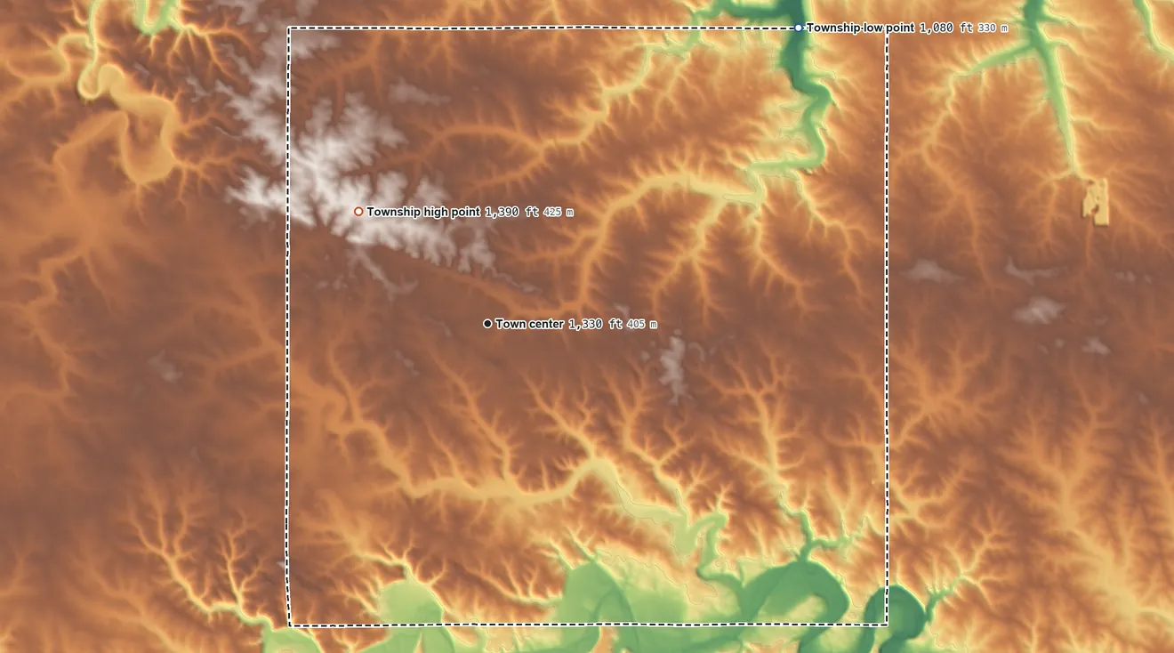 Topographic elevation map of Bristol Township, Minnesota, shaded from 1,080 ft on the northeast side to 1,390 ft on the northwest side
