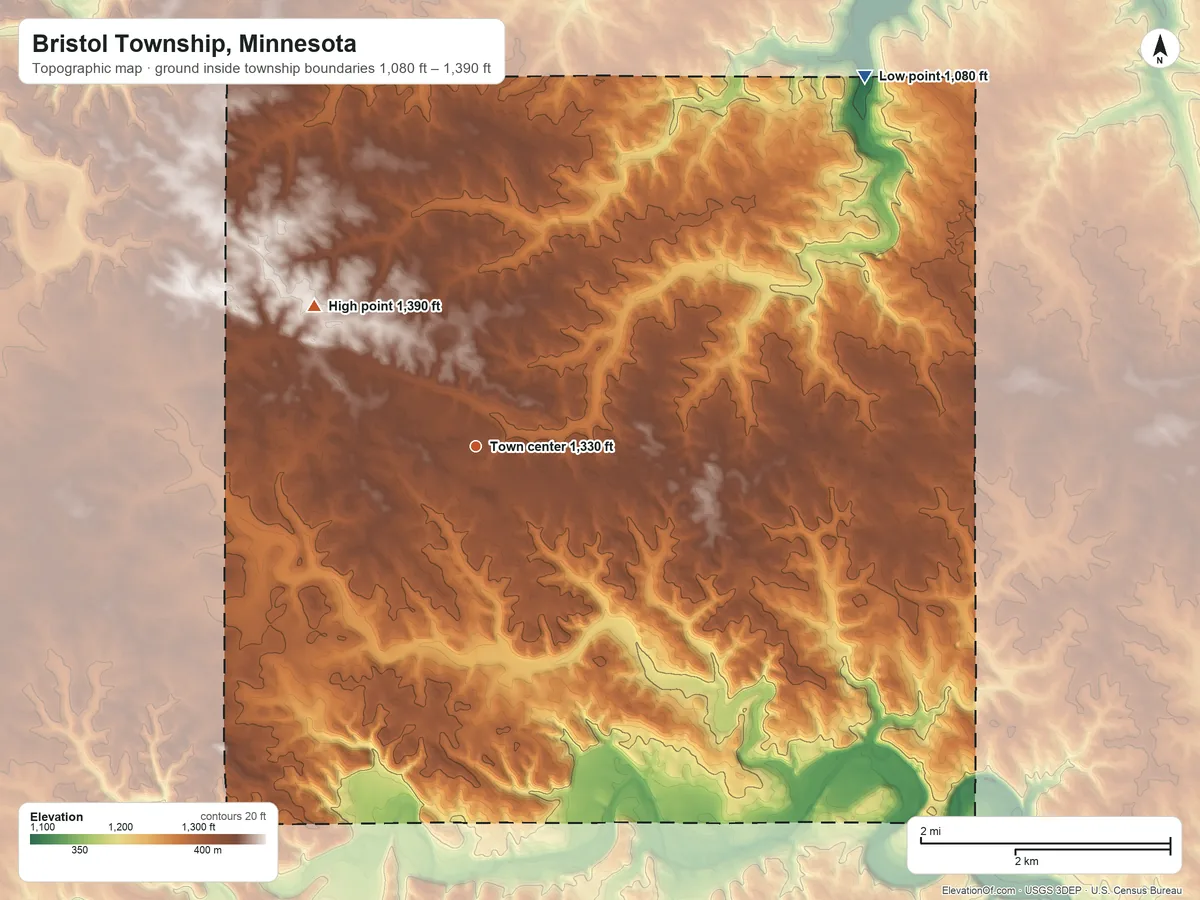 Topographic elevation map of Bristol Township, Minnesota, shaded from 1,080 ft on the northeast side to 1,390 ft on the northwest side