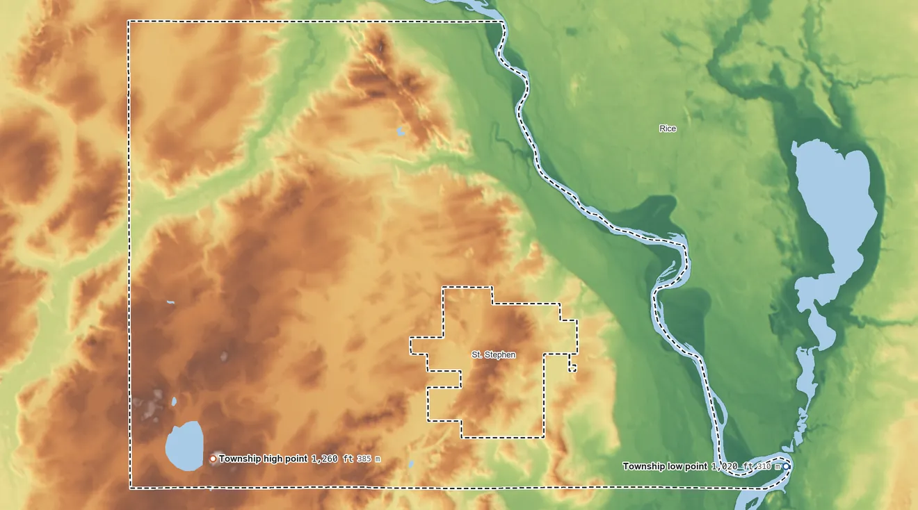 Topographic elevation map of Brockway Township, Minnesota, shaded from 1,020 ft on the southeast side to 1,260 ft on the southwest side