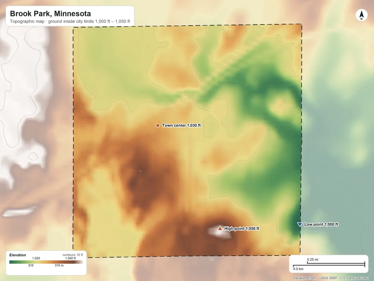 Topographic elevation map of Brook Park, Minnesota, shaded from 1,000 ft on the southeast side to 1,050 ft on the southeast side