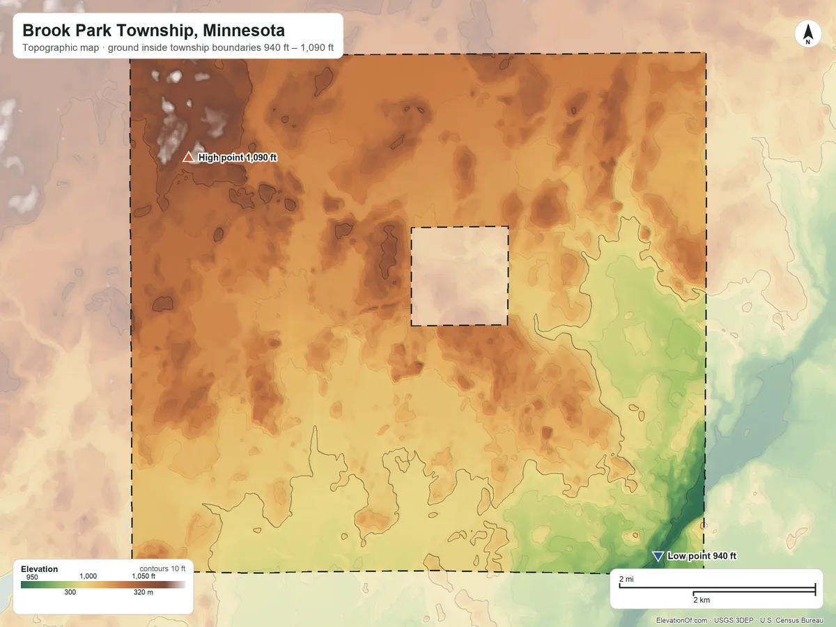 Topographic elevation map of Brook Park Township, Minnesota, shaded from 940 ft on the southeast side to 1,090 ft on the northwest side