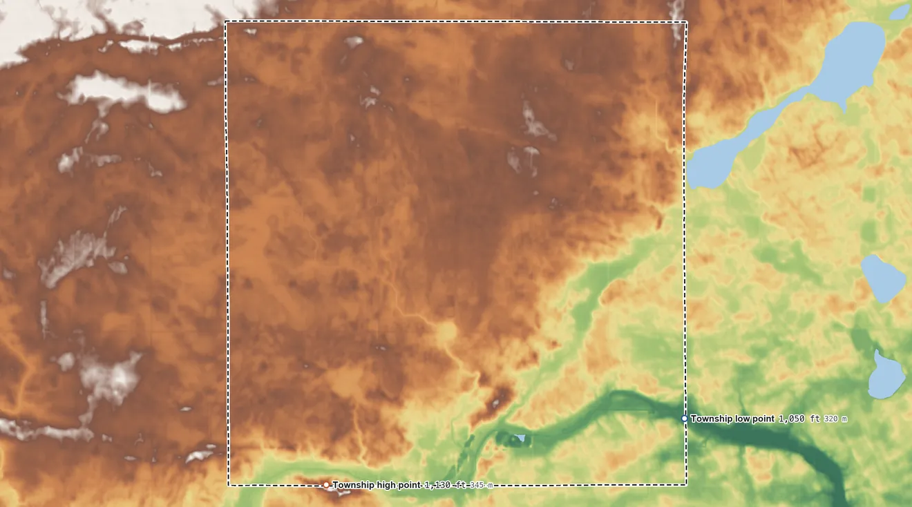 Topographic elevation map of Brookfield Township, Minnesota, shaded from 1,050 ft on the southeast side to 1,130 ft on the southwest side
