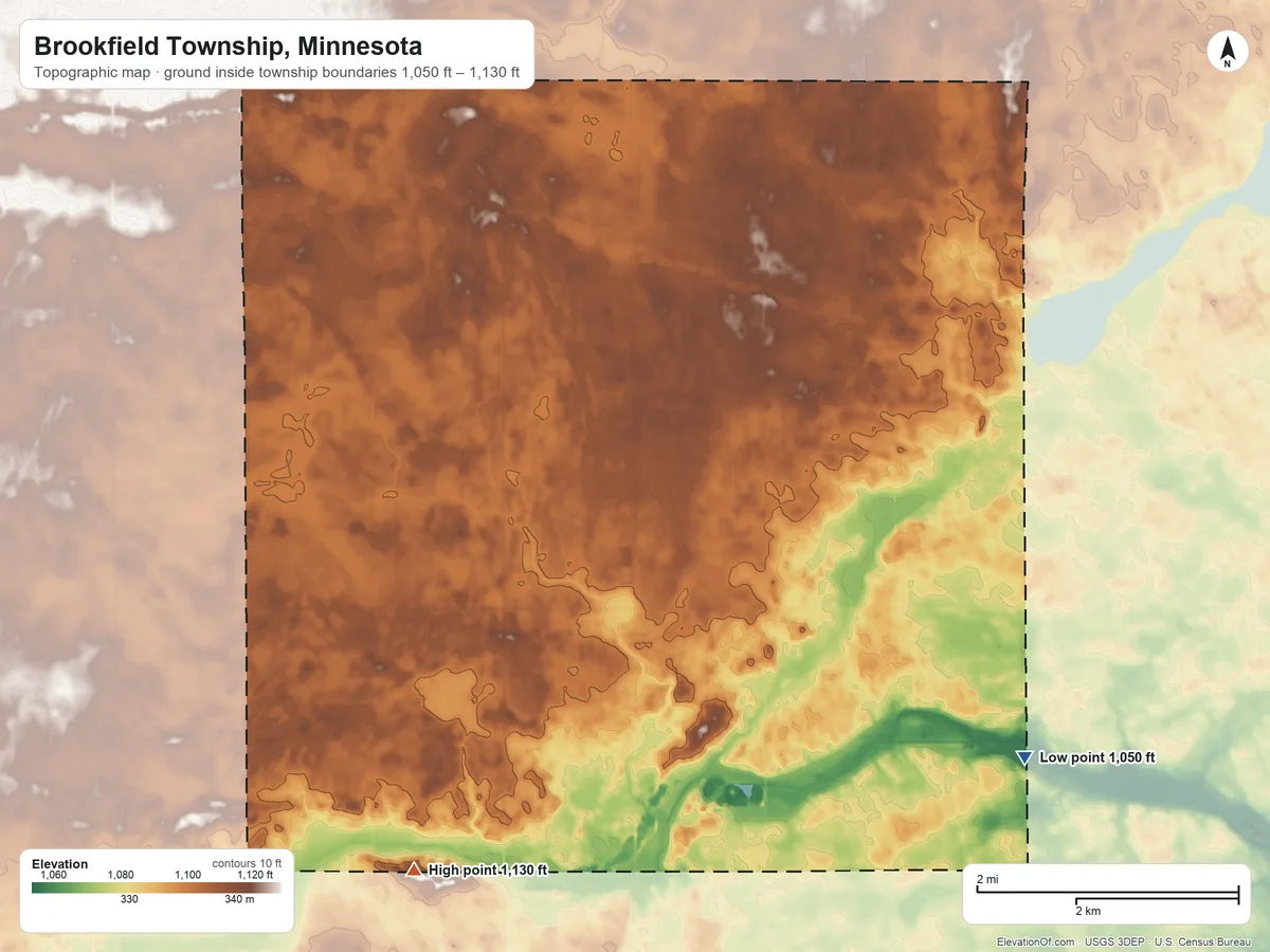 Topographic elevation map of Brookfield Township, Minnesota, shaded from 1,050 ft on the southeast side to 1,130 ft on the southwest side