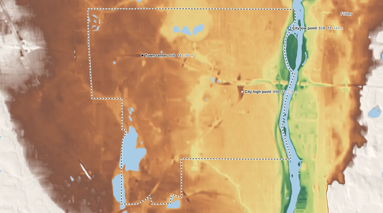 Topographic elevation map of Brooklyn Center, Minnesota, shaded from 810 ft on the east side to 890 ft on the east side