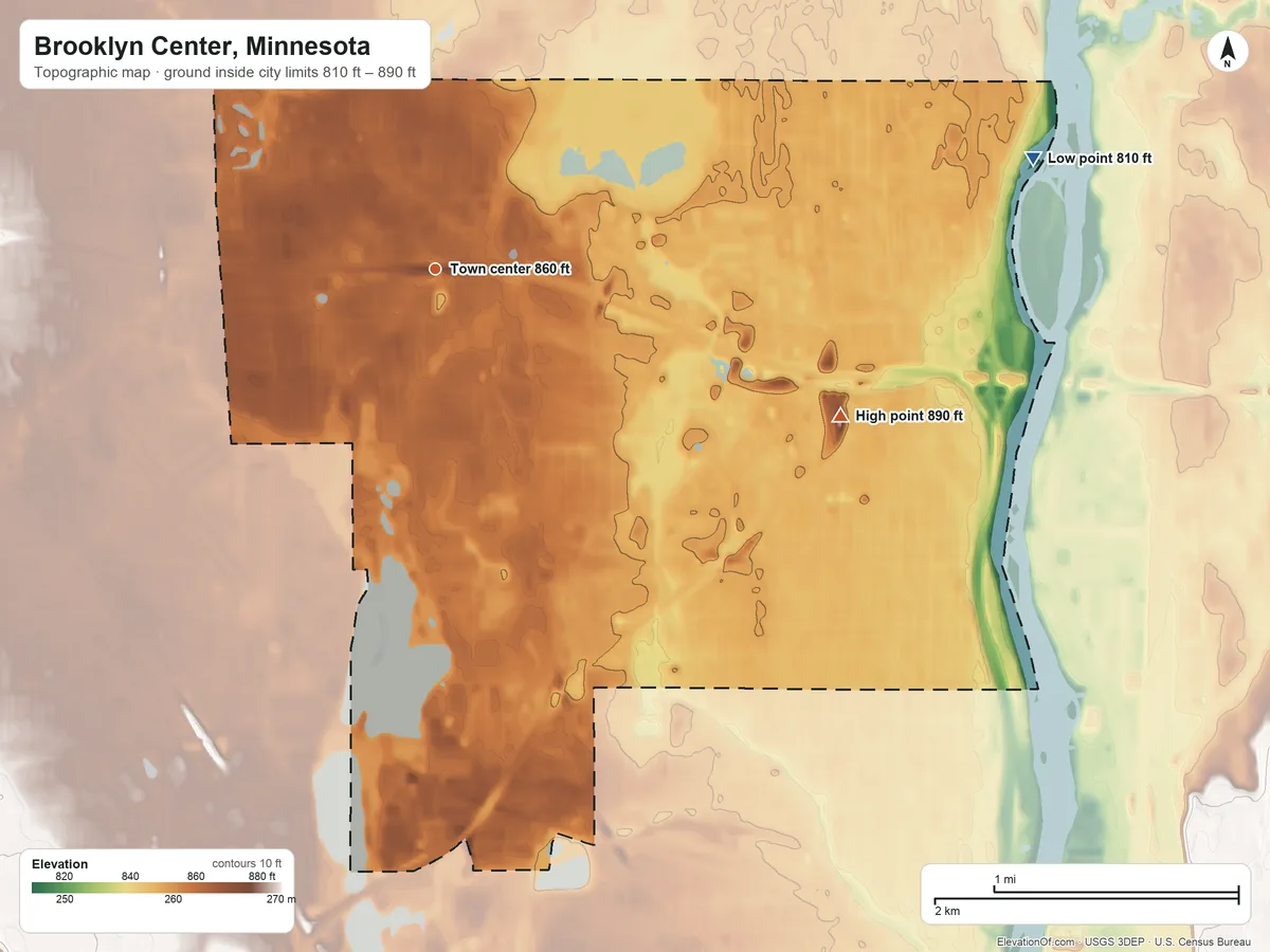 Topographic elevation map of Brooklyn Center, Minnesota, shaded from 810 ft on the east side to 890 ft on the east side