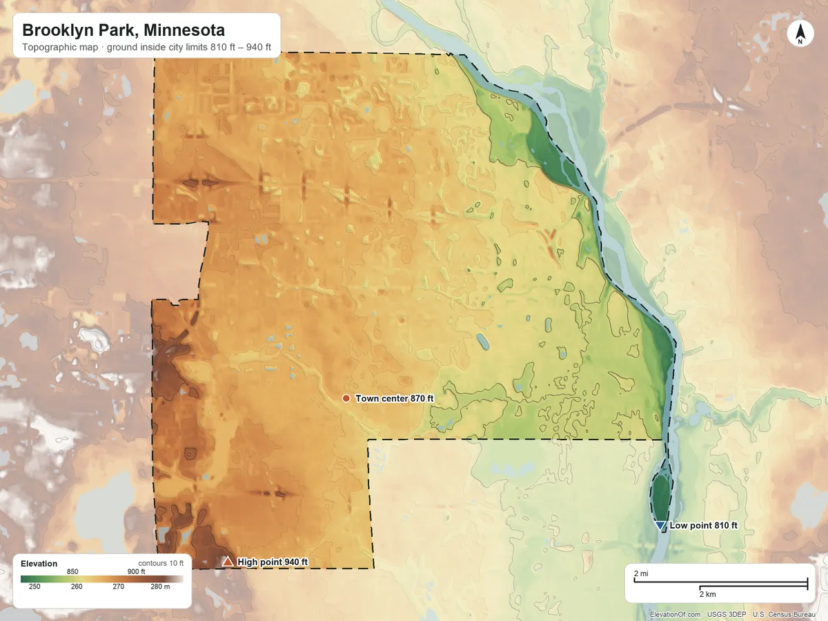 Topographic elevation map of Brooklyn Park, Minnesota, shaded from 810 ft on the east side to 940 ft on the southwest side