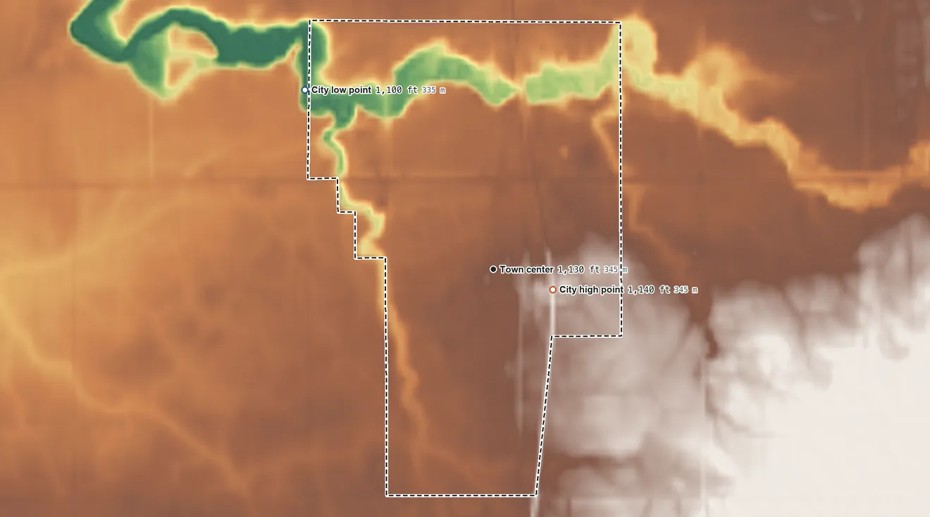 Topographic elevation map of Brooks, Minnesota, shaded from 1,100 ft on the northwest side to 1,140 ft on the east side