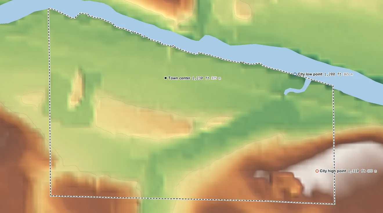 Topographic elevation map of Brookston, Minnesota, shaded from 1,200 ft on the east side to 1,310 ft on the southeast side