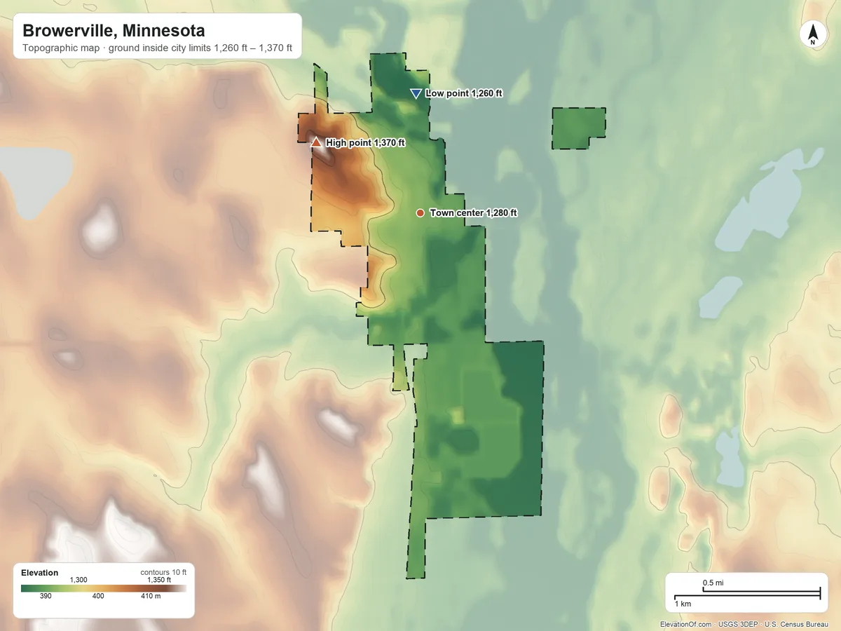 Topographic elevation map of Browerville, Minnesota, shaded from 1,260 ft on the north side to 1,370 ft on the northwest side