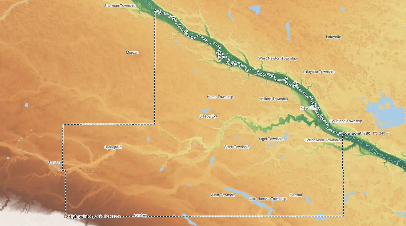 Topographic elevation map of Brown County, Minnesota, shaded from 780 ft on the east side to 1,260 ft on the southwest side