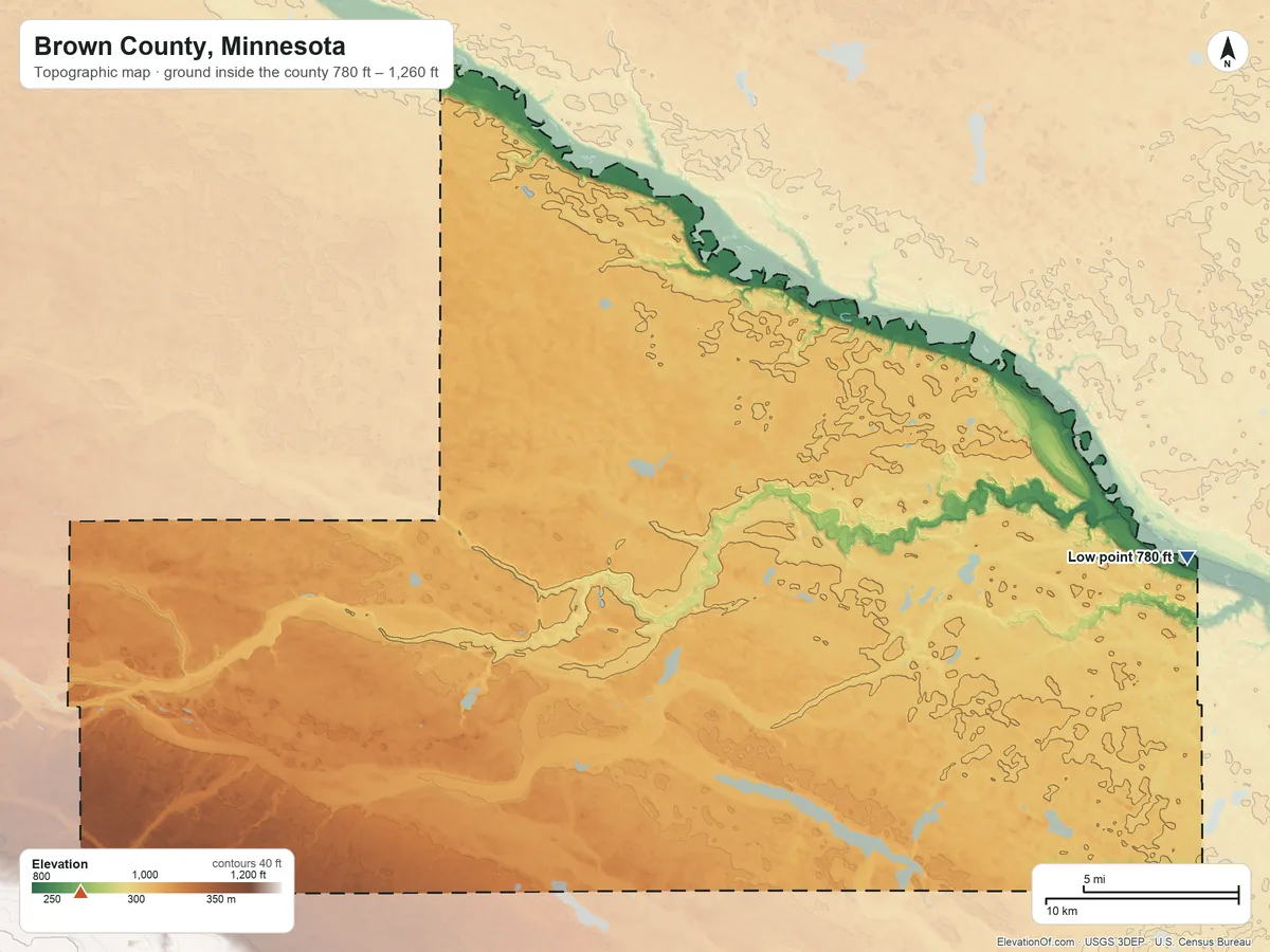 Topographic elevation map of Brown County, Minnesota, shaded from 780 ft on the east side to 1,260 ft on the southwest side